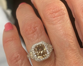 3.38CT Cushion Cut Fancy Brown Diamond Engagement Ring: 18k White Gold Trillion Sides