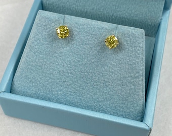 0.80Ct Intense Yellow Diamond Stud Earrings, 14k Yellow Gold