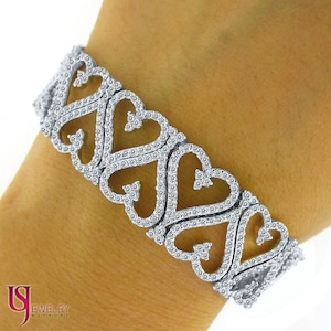 Ladies&#39; Diamond Bracelet, 7.30 TCW, Heart Shape Design, Link Bracelet, 14k White Gold, Jewelry For Women, Jewelry 14k, White Gold Bracelet