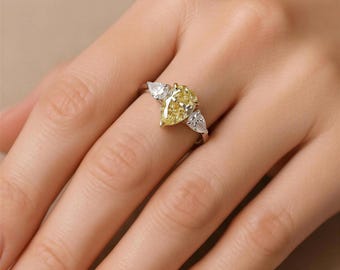 IGI 3 Stone 2Ctw Pear Intense Yellow Lab Grown Diamond Engagement Ring, 14k Gold
