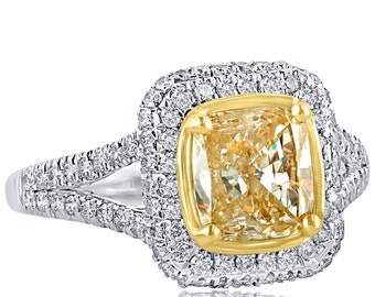 Cushion Cut 2.29 Ctw Natural Faint Yellow Diamond Ring: 18K White Gold Double Halo
