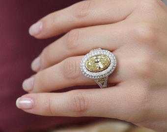 4.02Ctw Art Deco Oval Yellow Diamond Engagement Ring, 18k White Gold