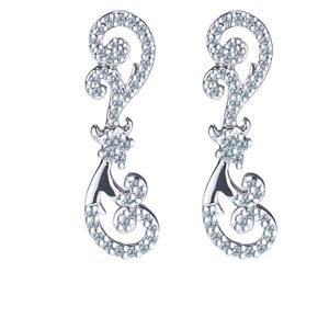 Diamond Dangle Earrings, 0.42 Ct Geometric Inspired Earrings, Push Back Drop Earrings, Women&#39;s Wedding Bridal Earrings, 14k White Gold