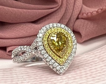 1.78CT GIA Fancy Brownish Yellow Pear Diamond Ring, 18k White Gold Criss Cross Band