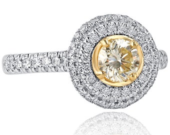 Yellow Diamond Engagement Ring, 1.18Ctw, Double Halo, 14k White Gold