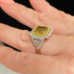 GIA Radiant Natural Fancy Yellow Brown Diamond Ring Trillion Brilliant Sides, 3.78 TCW Double Halo Diamond Engagement Ring 14k White Gold