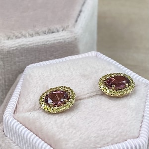 1.20CT Tourmaline Stud Women&#39;s Earrings 14k Yellow Gold, Oval Shaped Pink Tourmaline Halo Diamond Earrings, Tourmaline Post Earring Studs