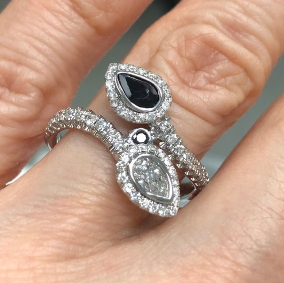 Bypass Diamond Ring Pear Cut 1.33 Ct White Black Diamond Engagement Forever Us Ring Index Finger Ring 14k White Gold Ring Etsy