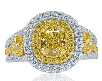 GIA 1.88Ctw Cushion Cut Natural Fancy Yellow Diamond Ring, Vintage Inspired, Halo 18K Gold