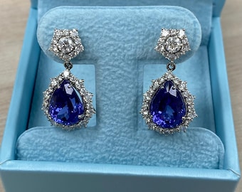 GIA Certified 11.49Ctw Tanzanite Diamond Earrings, 18k White Gold Teardrop Earrings, Bridal Jewelry