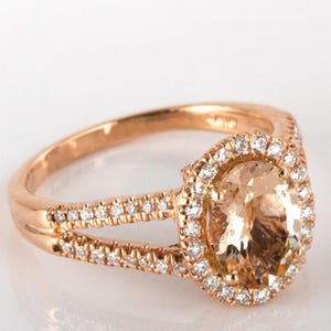 1.83 Ct Peach Morganite Engagement Ring, 14k Rose Gold Morganite Diamond Ring, Oval Cut Morganite Ring, Halo Engagement Ring, Pink Morganite