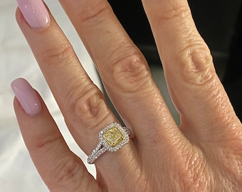 1.40Ctw Cushion Cut Yellow Diamond Halo Engagement Ring, 18k White Gold Pave Band