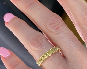 1.58Ct Cushion Cut Fancy Yellow Diamond Wedding Band, 18k Gold