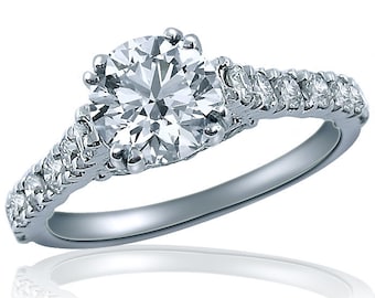 1.72Ctw Round Diamond Engagement Ring, 18k White Gold Cathedral Set Ring