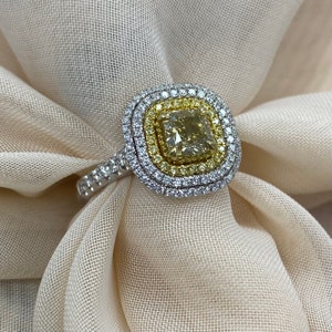 GIA Certified 1.87Ct Cushion Cut Yellow Diamond Engagement Ring, 18k White Gold, Modern Designed Ring, Women&#39;s Jewelry For Special Occasion