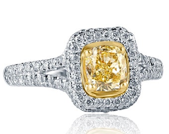 1.40 Ctw Cushion Cut Yellow Diamond Engagement Ring, 18k White Gold Split Shank