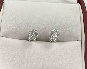 0.94 CT Round Cut Diamond Stud Earrings, 14k White Gold, Screw Back