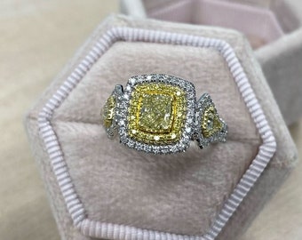 1.39Ctw Cushion Cut Yellow Diamond Engagement Ring, Double Halo 18K White Gold