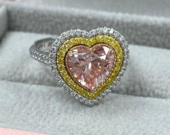 Vivid Pink Heart Lab Grown Diamond Engagement Ring, 14K Gold Double Halo, 3.13Ctw