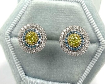 1 Carat Intense Yellow Diamond Studs, 14k White Gold Double Halo Earrings