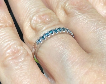 0.25Ct Fancy Blue Diamond Ring, Pave Set Wedding Band, Blue Diamond Stone Ring, 13 Stone Stacking Wedding Band 10k White Gold