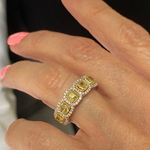 1.74CT Cushion Cut Diamond Wedding Band, Natural Fancy Yellow Cushion Halo Diamond Wedding Ring 14k White Gold, Wedding Anniversary Band