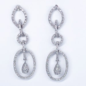 1.45 Ct Fashionable Diamond Earrings, Geometric Dangle Teardrop Earrings, Real Natural Diamonds, Women&#39;s, Wedding, Bridal,  14k White Gold
