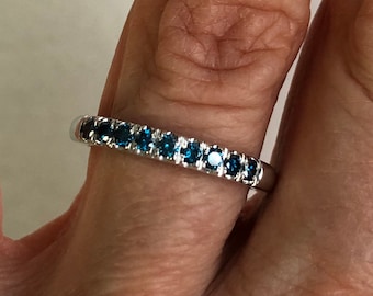 9 Blue Diamond Ring in 10k White Gold, 9 Stone Diamond Ring, 0.35 Carat Diamond Stackable Ring, Anniversary Band