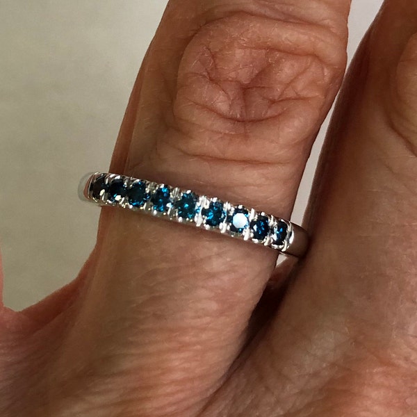9 Blue Diamond Ring in 10k White Gold, 9 Stone Diamond Ring, 0.35 Carat Diamond Stackable Ring, Anniversary Band