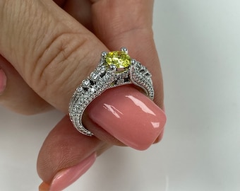 1.44Ctw Vintage Design Yellow Diamond Engagement Ring, 14k White Gold Millgrain Band