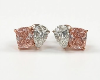 3 Ctw IGI Toi Et Moi Pear & Cushion Cut Vivid Pink Lab Grown Diamond   Earrings: 14k White and Rose Gold