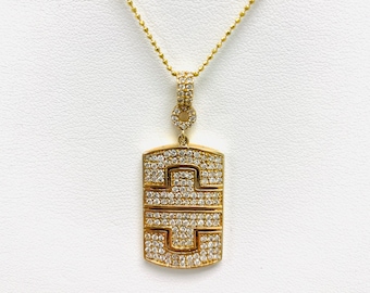 14k Yellow Gold Diamond Dog Tag Pendant Necklace, 1.10Ct