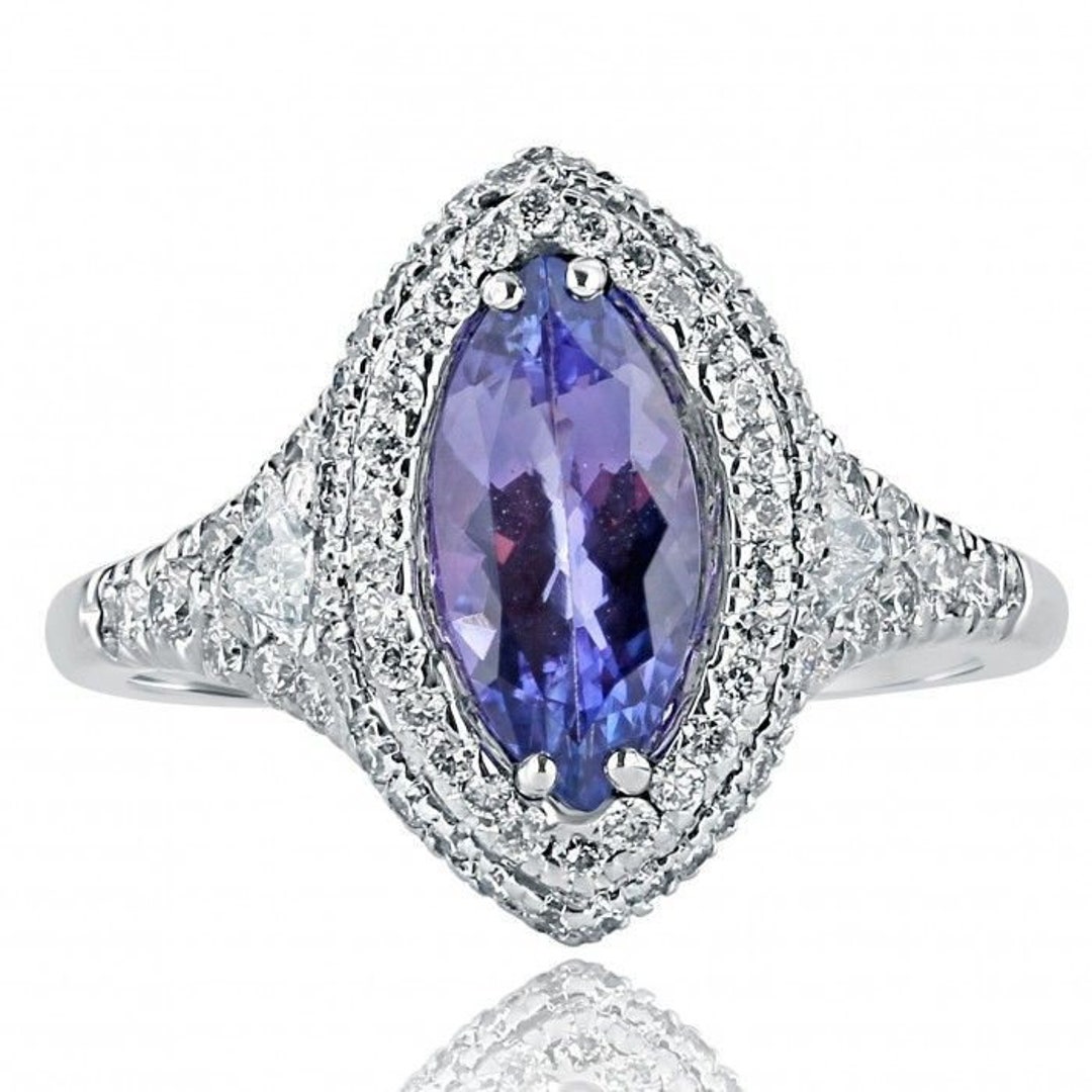 2.21 Ct Natural Violetish Blue Marquise Cut Tanzanite and Diamond Ring ...