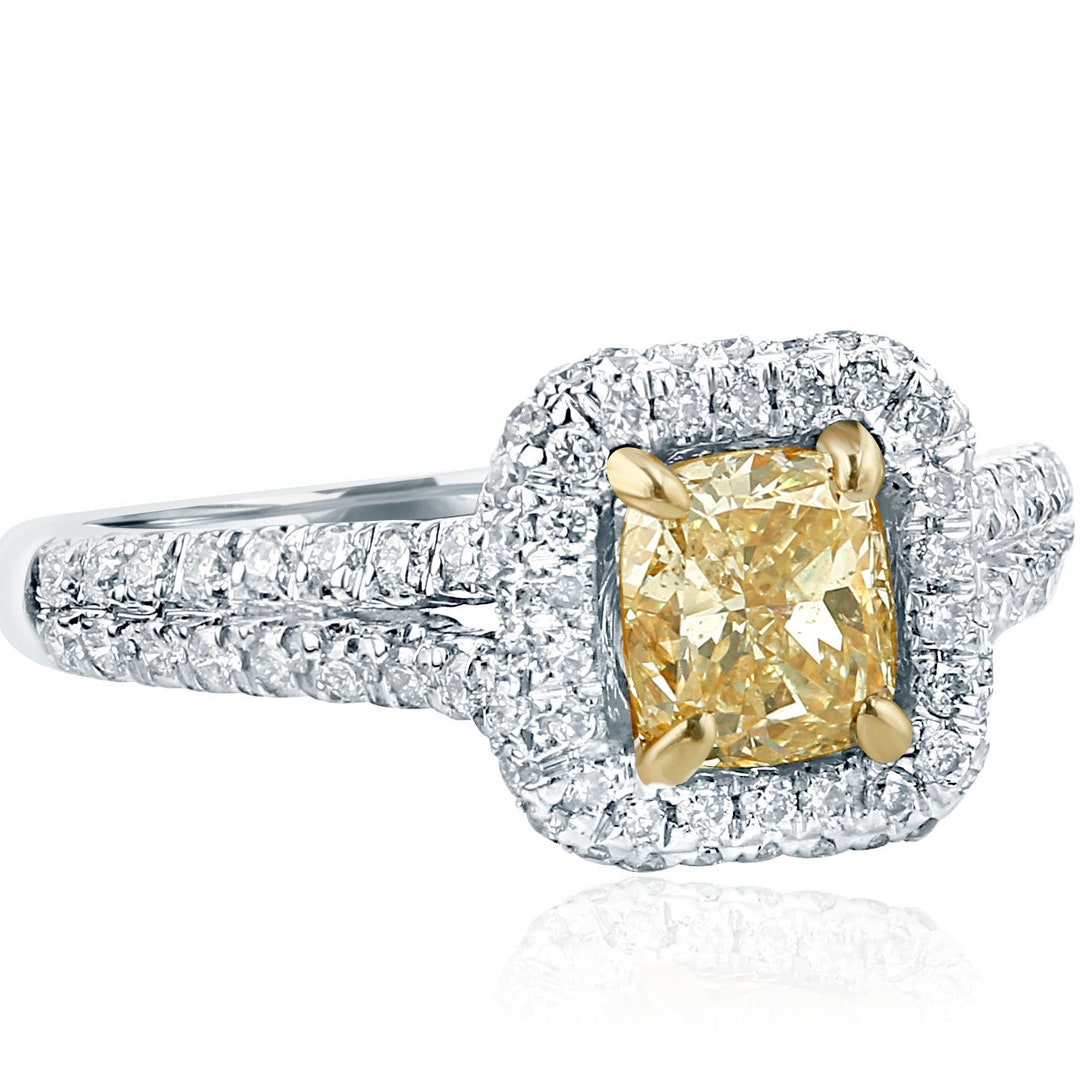 1.62 Ct Yellow Diamond Engagement Ring, Cushion Cut Natural Diamond ...