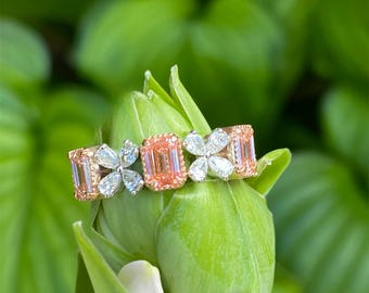 2.30ct Pink Emerald Cut and Pear Cluster Lab Grown Diamond 14k White Gold Band, Anniversary Ring Gift for Her