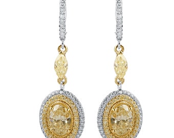 3.41Ct Oval Yellow Diamond Drop Earrings, 14k Two Tone Gold, Bridal Wedding Jewelry