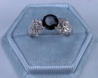 1.20Ctw Black Diamond Engagement Ring, 14k White Gold, Round Cut Halo Ring