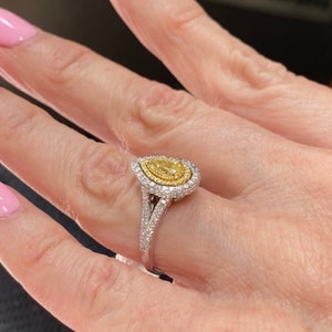 1.08 Ct Pear Shaped Diamond Engagement Ring, Natural Fancy Yellow Diamond Pear Cut Ring, Split Shank Engagement Ring 18k White Gold