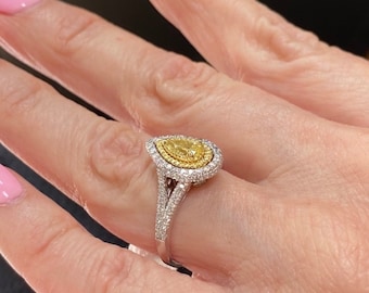 1.08Ctw Fancy Yellow Pear Diamond Engagement Ring, 18k White Gold, Split Shank