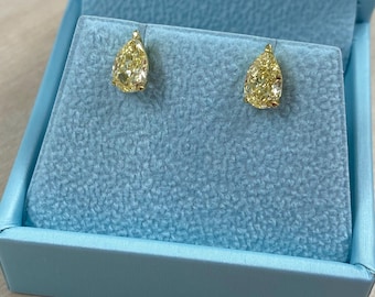 IGI Lab Grown Fancy Yellow Pear Diamond Studs, 18k Gold