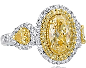 GIA 2.03 Ct Oval Yellow Diamond Engagement Ring: 18k White Gold Pear Side Stones