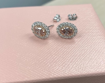 1.25 Ct Pink Lab Grown Diamond Halo Stud Earrings, 14k White Gold
