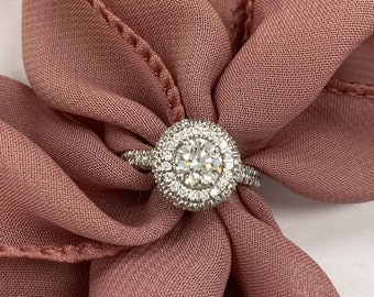 1.36Ctw Round Cut Diamond Double Halo Engagement Ring, 14k White Gold
