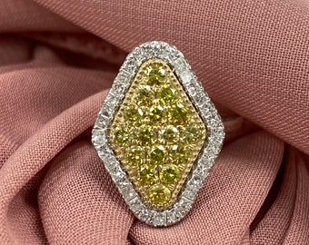 1.17Ct Intense Yellow Diamond Hexagon Ring, 10k White Gold Cluster