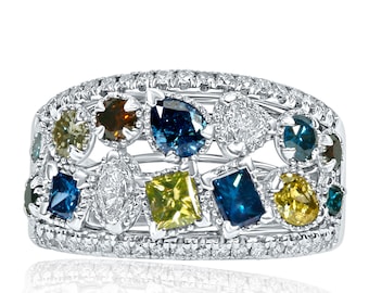 2.28Ct Multi Shape Diamond 14K White Gold Wedding Band, Art Deco Anniversary Ring