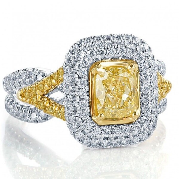 GIA Certified 2.26 Ct Cushion Cut Diamond Engagement Ring, Light Yellow Diamond Ring, Double Halo Proposal Engagement Ring, 18k White Gold
