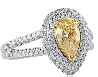 1.35 Ct Pear Yellow Diamond Engagement Ring, 14k White Gold