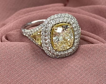 3.43 Ct Cushion Cut Yellow Diamond Halo Engagement Ring: 18k Gold Art Deco Ring