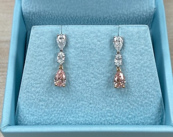 1.50 Carat Lab Grown Pink Pear Diamond Dangle Earrings: 14k White & Rose Gold