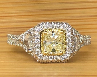 1.47Ct Radiant Cut Yellow Diamond Engagement Ring: Trillion Side Stones, 18k White Gold